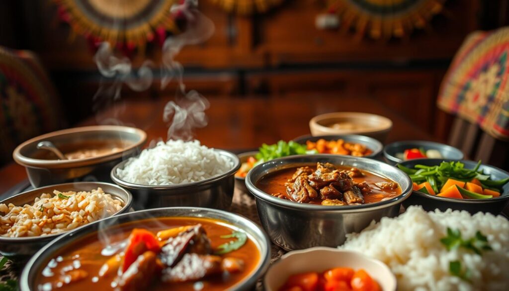 A beautifully arranged platter of traditional Makassar cuisine, focusing on dishes like Coto Makassar, a rich beef soup with aromatic spices, served alongside fragrant Burasa rice and vibrant accompaniments of sambal and fresh herbs. In the foreground, the intricate details of the food capture the eye, with steam rising from the hot dishes, highlighting their freshness. In the middle background, a wooden table adorned with colorful woven mats adds cultural flair. Soft, warm lighting creates an inviting atmosphere, emphasizing the textures of the food with a shallow depth of field that gently blurs the background. The overall mood is cozy and communal, perfect for showcasing the rich culinary heritage of Makassar. A beautifully arranged platter of traditional Makassar cuisine, focusing on dishes like Coto Makassar, a rich beef soup with aromatic spices, served alongside fragrant Burasa rice and vibrant accompaniments of sambal and fresh herbs. In the foreground, the intricate details of the food capture the eye, with steam rising from the hot dishes, highlighting their freshness. In the middle background, a wooden table adorned with colorful woven mats adds cultural flair. Soft, warm lighting creates an inviting atmosphere, emphasizing the textures of the food with a shallow depth of field that gently blurs the background. The overall mood is cozy and communal, perfect for showcasing the rich culinary heritage of Makassar.