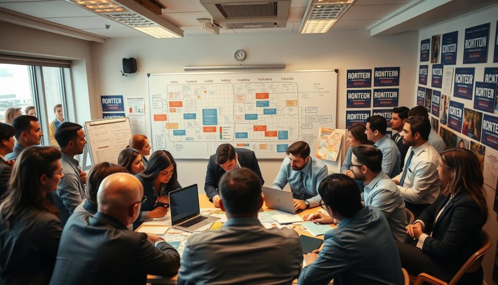 A bustling political campaign office filled with diverse individuals in professional business attire, engaged in strategic discussions. In the foreground, a focused group of campaign staff huddles around a large table covered with maps, data sheets, and laptops, depicting their strategic planning efforts. The middle ground showcases a large whiteboard filled with colorful diagrams and flowcharts, illustrating the functions of a political machinery. The background features a wall adorned with campaign posters, emphasizing unity and voter engagement. Soft, warm lighting illuminates the space, creating a determined yet optimistic atmosphere. The angle is slightly tilted to convey action and excitement, highlighting the dynamic nature of electoral politics.