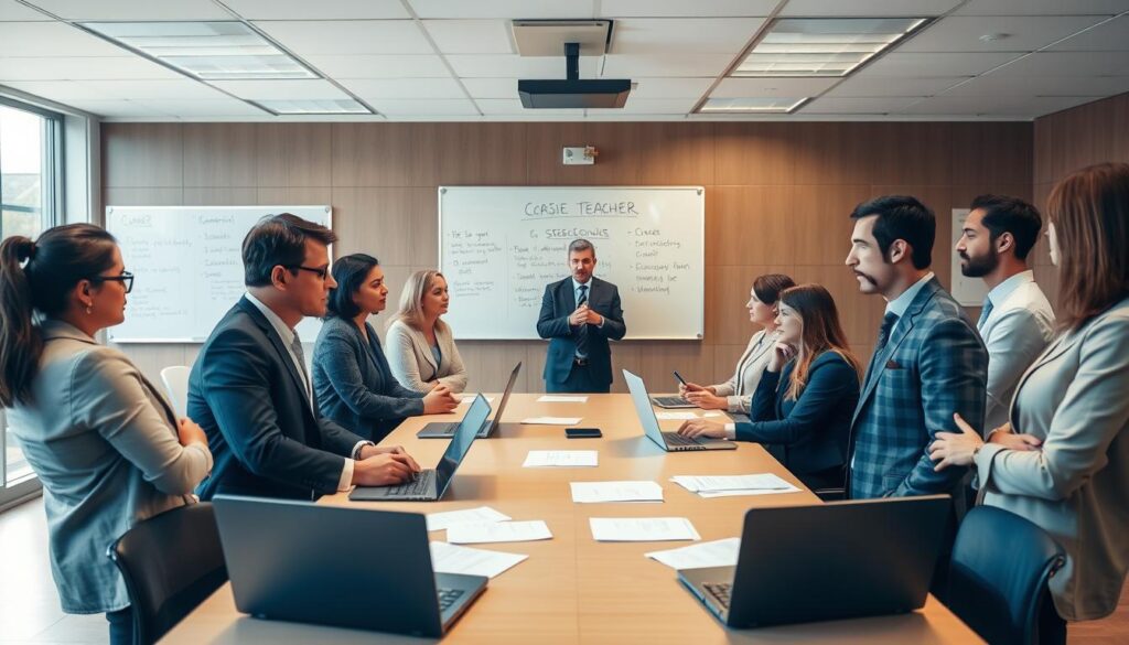 A classroom scene showcasing a school meeting in response to a controversial teacher incident. In the foreground, a diverse group of school administrators, including a principal and faculty members, dressed in professional business attire, discussing the situation earnestly. The middle of the image features a large table with papers and laptops, symbolizing an active discussion, while a whiteboard in the background displays key points and action items related to the case. The atmosphere is tense yet professional, with soft overhead lighting to emphasize the seriousness of the meeting. The composition is viewed from an angle that captures both the emotions of the individuals and the bustling environment of the school office.