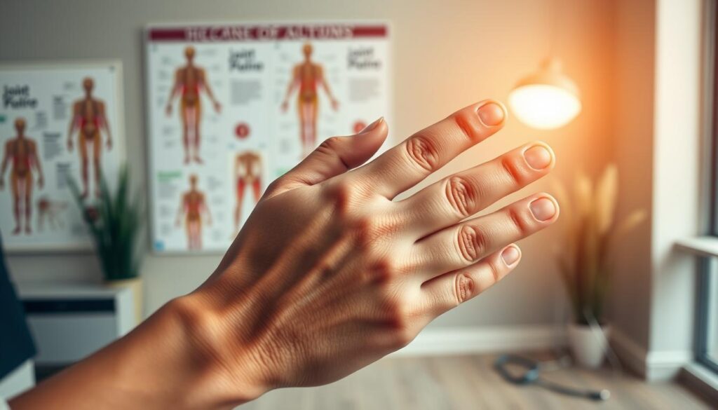 A close-up of a person’s hand holding their knee to illustrate joint pain, set in a modern doctor's office environment. The hand should display subtle signs of discomfort, with carefully highlighted skin tones and tense fingers. In the background, a soft-focus image of anatomical charts related to joints and musculoskeletal health, bathed in warm, natural lighting to create a comforting atmosphere. The angle should be slightly from above to emphasize the person’s expression of concern, with a focus on the knee area to symbolize joint issues. The overall mood should convey professionalism and empathy, suitable for an informative health article about joint pain symptoms and when to seek medical advice.