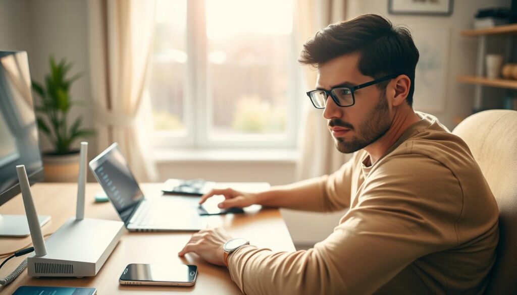 A cozy home office scene showing a person in casual attire sitting at a desk, focused on troubleshooting a slow WiFi connection despite a strong signal. In the foreground, the individual is using a laptop with various devices like a smartphone and tablet scattered around, displaying connection settings. The middle ground features a modern router with blinking lights, symbolizing a strong signal. In the background, a window reveals a sunny day, bringing a warm and inviting atmosphere to the room. Soft, natural lighting streams in, highlighting the determination on the person's face. The overall mood conveys problem-solving and a sense of tech-savvy urgency, aiming to provide visual guidance on overcoming slow WiFi issues.