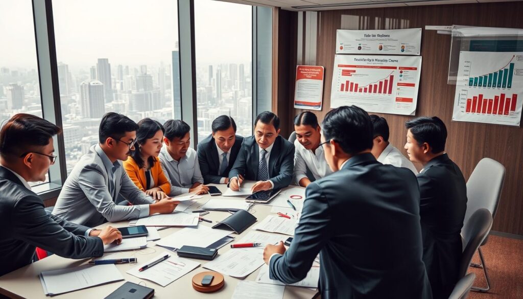 A dynamic scene illustrating the challenges of political party machinery in Indonesia. In the foreground, a diverse group of professionals in business attire is engaged in a heated discussion around a large table filled with documents and digital devices, representing collaboration and strategy. The middle ground features a sophisticated office setting with a large window showcasing a bustling cityscape, symbolizing the political landscape. In the background, subtle imagery of election campaign materials and charts hint at the complexities of political dynamics. The lighting is bright and focused, highlighting the faces of the participants to convey a sense of urgency and determination. The overall mood is serious yet hopeful, emphasizing the real-world challenges faced by political entities.