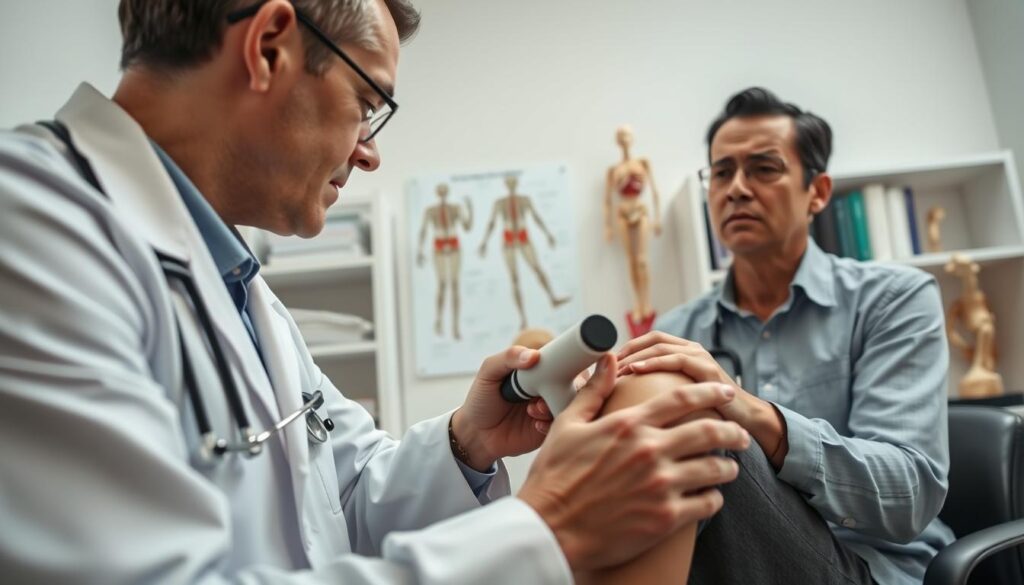 A medical professional, wearing a white lab coat and stethoscope, is attentively diagnosing a patient in a clinical setting, showcasing joint pain assessment. The foreground features a close-up of the doctor examining the patient's knee with a diagnostic tool, while the patient expresses concern. In the middle background, a medical chart and anatomical models of joints emphasize the diagnostic process. Soft, diffused lighting creates a warm atmosphere, highlighting the professionalism of the environment. The background includes shelves with medical references, creating an informative and reassuring mood. The angle is slightly overhead to capture both the doctor’s focused demeanor and the patient’s expression, ensuring clarity and context without any distractions.