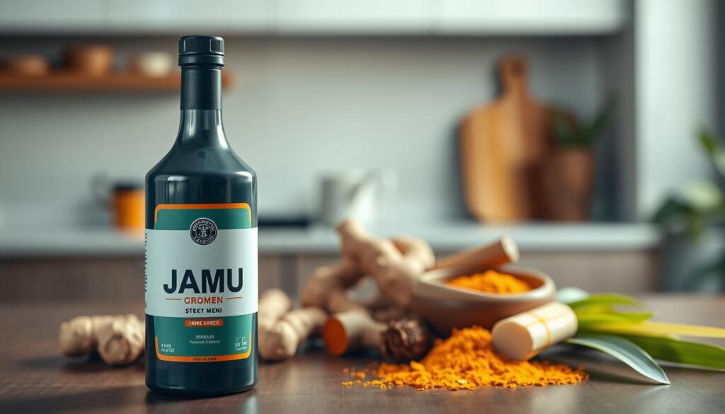 A modern, sleek packaging design for jamu, aimed at men, displayed prominently in the foreground. The bottle is elegantly designed with bold colors and minimalist labeling, emphasizing its appeal to the contemporary male audience. In the middle ground, an assortment of natural ingredients used in the jamu, such as ginger, turmeric, and lemongrass, is artfully arranged to highlight its traditional yet modern essence. The background features a subdued environment, perhaps a stylish kitchen or a well-lit desk, creating a warm and inviting atmosphere. Soft, natural lighting enhances the freshness of the ingredients and the product, while a shallow depth of field draws focus to the jamu packaging. The overall mood is vibrant and energetic, reflecting vitality and stamina.