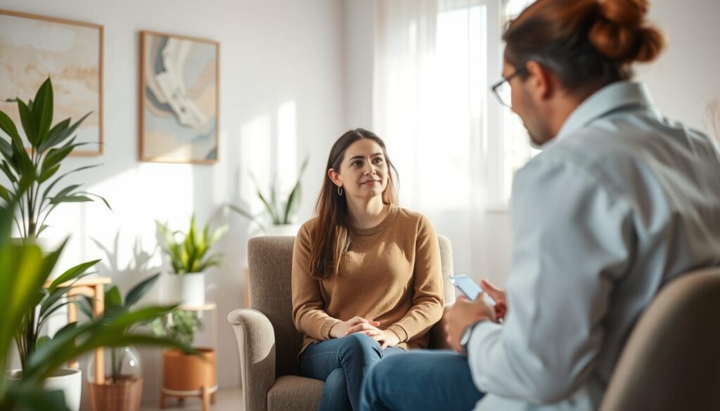 A serene counseling session taking place in a sunlit, cozy room filled with soft colors. In the foreground, a compassionate psychologist, dressed in professional attire, is attentively listening to a distressed victim seated on a comfortable chair. The victim appears to be in their late twenties, with an expression of vulnerability and hope. The background features calming elements like indoor plants and gentle, abstract artwork that convey a sense of safety and support. Soft natural light streams through a nearby window, creating an atmosphere of warmth and peace. The image should evoke feelings of empathy, understanding, and psychological support. Aim for a medium shot, capturing both the psychologist and the victim in focus, while maintaining a soft bokeh effect on the background.