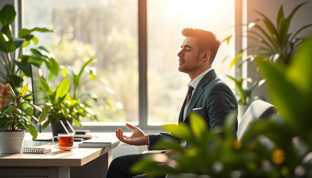 A serene office environment depicting a professional in business attire, seated at a desk surrounded by plants, engaged in mindfulness meditation. The foreground features a calm individual with a focused expression, hands resting on knees, showcasing an aura of tranquility. In the middle, the desk is clutter-free, with a cup of herbal tea and a small stack of motivational books. The background shows a large window letting in soft, natural light, revealing a peaceful garden view with gentle sunlight filtering through the leaves. The atmosphere conveys relaxation and rejuvenation, with soft shadows and warm lighting that enhance a sense of calm and focus, illustrating effective stress management techniques in a work setting.