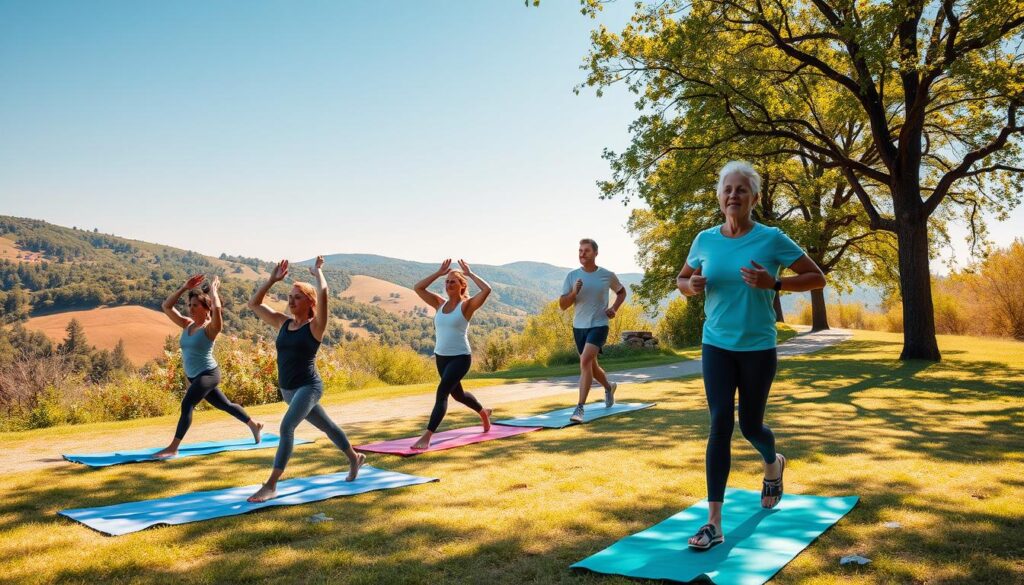 A serene outdoor scene depicting individuals engaged in various physical activities to relieve stress. In the foreground, a group of people in modest athletic wear is practicing yoga on colorful mats, demonstrating different poses that convey relaxation and focus. In the middle ground, another individual is jogging along a scenic path lined with lush greenery, exuding positivity and energy. In the background, gentle hills and a bright blue sky create a tranquil atmosphere. Soft, warm sunlight filters through the trees, casting dappled shadows on the ground. The overall mood is uplifting and peaceful, emphasizing the effectiveness of physical activity in reducing stress.