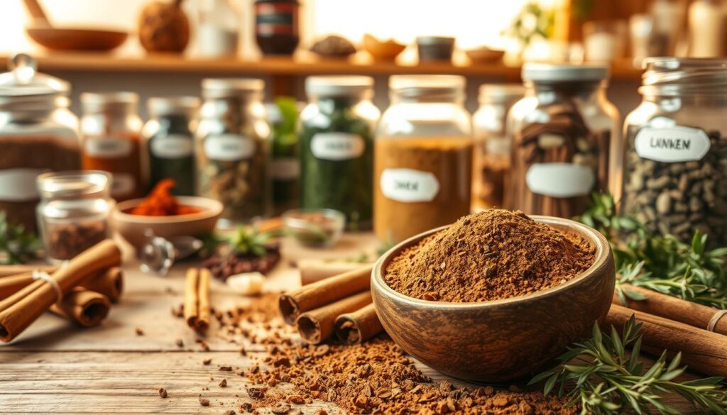 A traditional herbal remedy preparation featuring cinnamon as the main ingredient. In the foreground, display a wooden bowl filled with freshly ground cinnamon, surrounded by sticks of cinnamon and sprigs of fresh herbs. The middle ground should include a rustic wooden table with glass jars filled with various spices and herbs, carefully labeled. In the background, softly lit shelves hold more herbal ingredients, creating a warm, inviting atmosphere. The lighting should evoke a cozy, sunlit kitchen, highlighting the rich brown tones of the cinnamon. Use a shallow focus to emphasize the details of the spices and herbs, while the background remains softly blurred. The overall mood should be earthy and natural, reflecting the benefits of herbal medicine for vitality.
