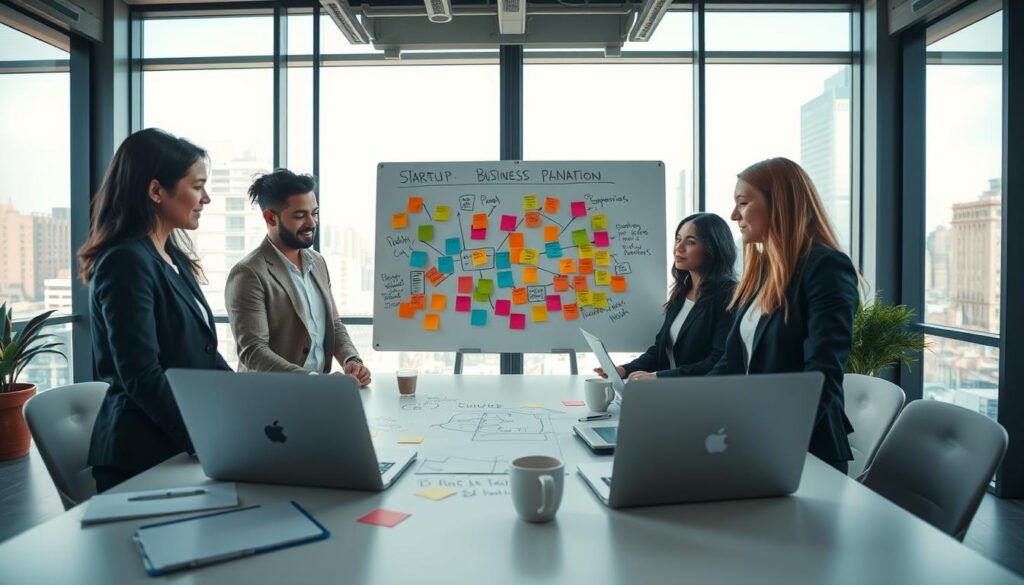 A vibrant and dynamic workspace depicting the steps to build a startup from scratch. In the foreground, a diverse group of three professionals—an Asian woman, a Black man, and a Caucasian woman—collaborate over a table filled with laptops, sketches, and coffee cups, all dressed in smart casual attire. In the middle, a whiteboard covered in colorful post-it notes outlines a business plan map. The background features large windows allowing natural light to flood in, showcasing a bustling cityscape outside, symbolizing opportunity and growth. The atmosphere is energetic and innovative, capturing a moment of brainstorming and collaboration, with soft lighting creating a warm and inviting workspace ambiance. The angle is slightly elevated, providing a panoramic view of the scene. A vibrant and dynamic workspace depicting the steps to build a startup from scratch. In the foreground, a diverse group of three professionals—an Asian woman, a Black man, and a Caucasian woman—collaborate over a table filled with laptops, sketches, and coffee cups, all dressed in smart casual attire. In the middle, a whiteboard covered in colorful post-it notes outlines a business plan map. The background features large windows allowing natural light to flood in, showcasing a bustling cityscape outside, symbolizing opportunity and growth. The atmosphere is energetic and innovative, capturing a moment of brainstorming and collaboration, with soft lighting creating a warm and inviting workspace ambiance. The angle is slightly elevated, providing a panoramic view of the scene.