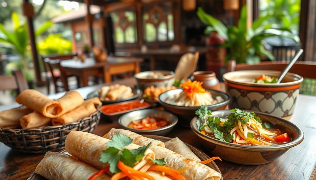 A vibrant scene showcasing traditional Semarang cuisine, featuring a beautifully arranged platter of iconic dishes like Lumpia Semarang, Tahu Gimbal, and Soto Semarang. In the foreground, a close-up of the appetizing dishes reveals intricate details—crispy spring rolls, fresh vegetables, and colorful garnishes. The middle ground displays a rustic wooden table adorned with traditional Indonesian tableware, reflecting the cultural heritage of Java. In the background, softly blurred greenery and traditional Javanese architecture suggest a warm, inviting atmosphere, illuminated by soft, natural sunlight. The overall mood is cheerful and inviting, evoking a sense of culinary bliss, perfect for food lovers exploring Semarang's rich gastronomic scene. A vibrant scene showcasing traditional Semarang cuisine, featuring a beautifully arranged platter of iconic dishes like Lumpia Semarang, Tahu Gimbal, and Soto Semarang. In the foreground, a close-up of the appetizing dishes reveals intricate details—crispy spring rolls, fresh vegetables, and colorful garnishes. The middle ground displays a rustic wooden table adorned with traditional Indonesian tableware, reflecting the cultural heritage of Java. In the background, softly blurred greenery and traditional Javanese architecture suggest a warm, inviting atmosphere, illuminated by soft, natural sunlight. The overall mood is cheerful and inviting, evoking a sense of culinary bliss, perfect for food lovers exploring Semarang's rich gastronomic scene.