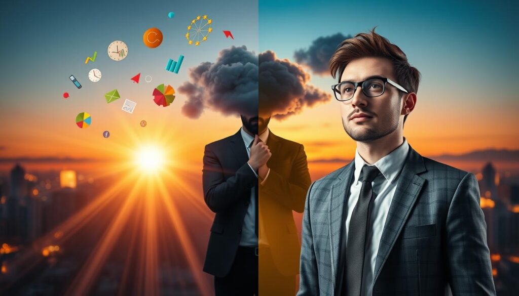 A vibrant split scene visually representing the advantages and disadvantages of starting a business startup. In the foreground, a confident young entrepreneur in smart casual attire is surrounded by bright light, symbolizing innovation and potential growth, while colorful charts and graphs float around them, highlighting success. In the middle, a thoughtful individual, dressed in professional business attire, faces obstacles depicted as dark clouds and barriers, illustrating challenges such as competition and risks. The background showcases a city skyline at dusk, blending warmth and shadows, with a subtle gradient of colors to create a balanced atmosphere of hope and uncertainty. The lighting should be dynamic, casting a soft glow, enhancing the contrasting themes of opportunity and challenge. A vibrant split scene visually representing the advantages and disadvantages of starting a business startup. In the foreground, a confident young entrepreneur in smart casual attire is surrounded by bright light, symbolizing innovation and potential growth, while colorful charts and graphs float around them, highlighting success. In the middle, a thoughtful individual, dressed in professional business attire, faces obstacles depicted as dark clouds and barriers, illustrating challenges such as competition and risks. The background showcases a city skyline at dusk, blending warmth and shadows, with a subtle gradient of colors to create a balanced atmosphere of hope and uncertainty. The lighting should be dynamic, casting a soft glow, enhancing the contrasting themes of opportunity and challenge.